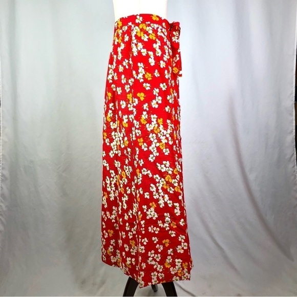 VINTAGE JCPenney barkcloth maxi skirt button front a-line bright red floral - Picture 3 of 5